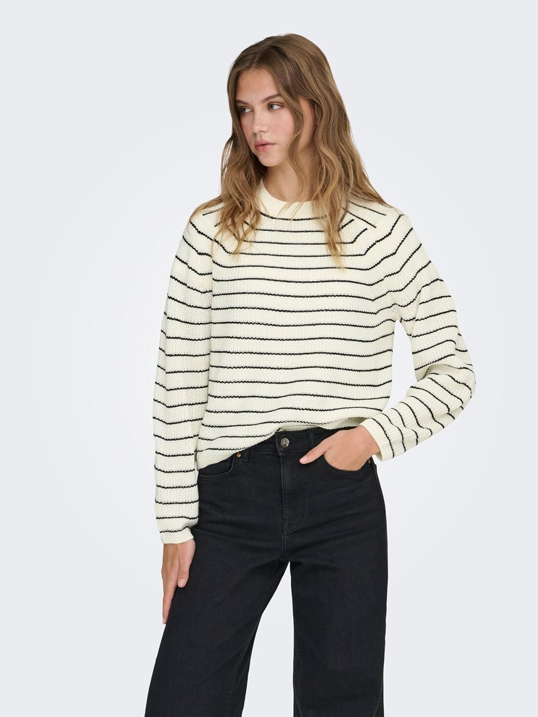 ONLY Female Strickpullover Normal geschnitten Rundhals Voluminöser Armschnitt Pullover M Jet Stream/