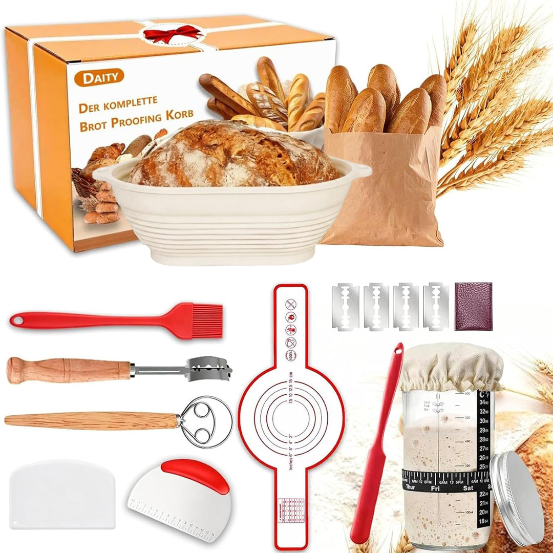 Daity Sauerteig Starter Set, 11-teilig Brot Backen Zubehör,28cm Klappbare Brot Gärkorb Oval,Handgeba