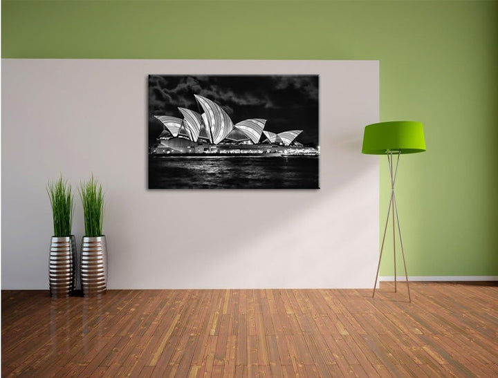 Pixxprint Monocrome, Sydney Opera House blau gelbe Streifen, Format: 100x70 auf Leinwand, XXL riesig