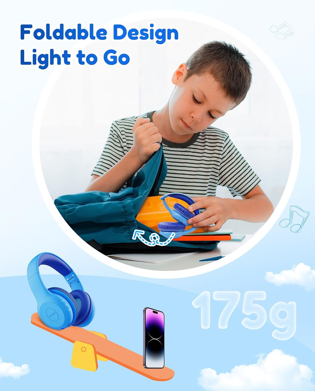 EarFun Bluetooth Kopfhörer Kinder, 74/85/94dB Lautstärkeregelung, HiFi Sound, HD-Mikrofon, 45 Std Ak