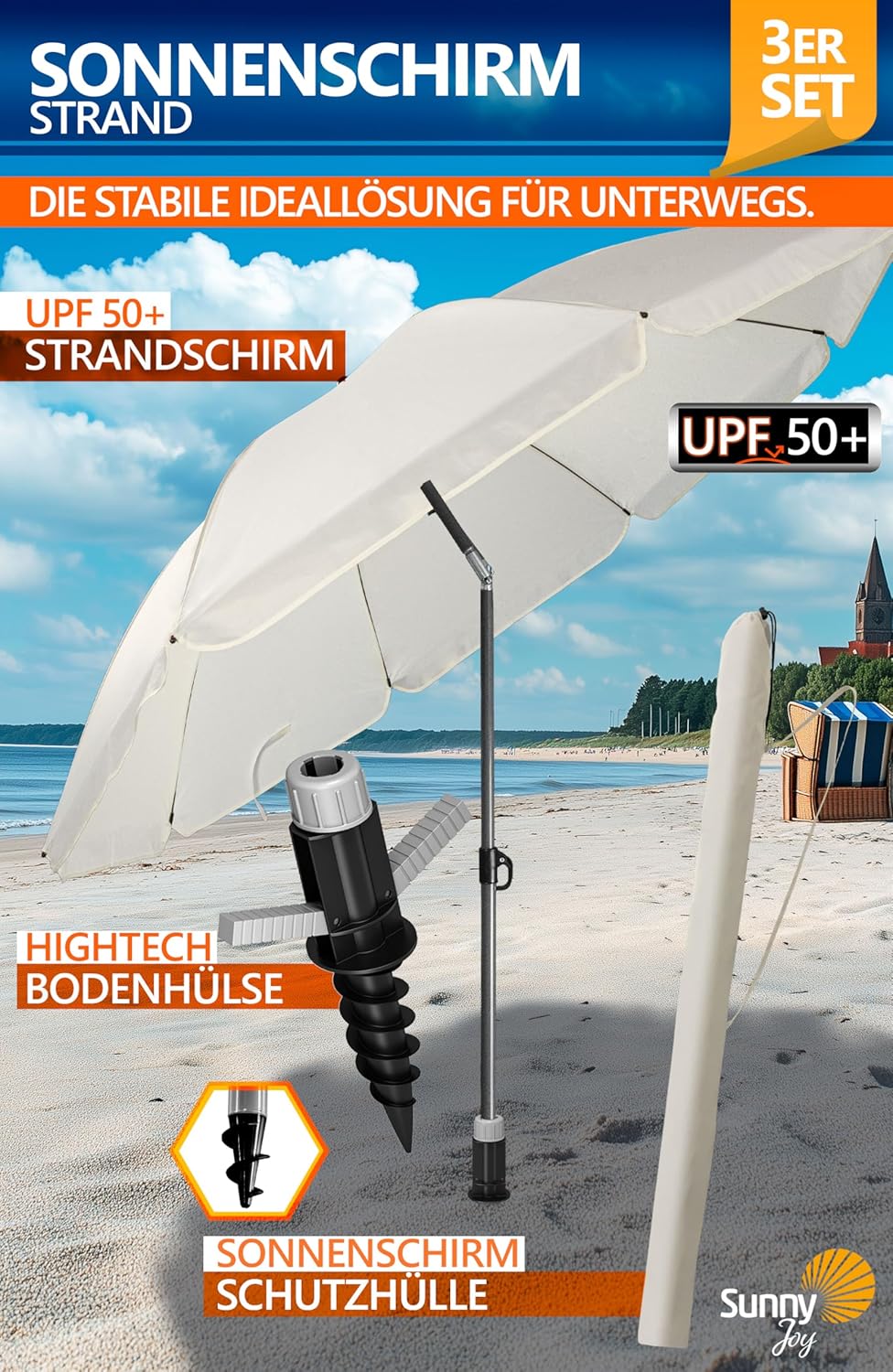 4smile Sonnenschirm Strand SunnyJoy Ø 180 cm, 3-IN-1 Set - UPF 50+ Strandschirm + Sonnenschirm Schut