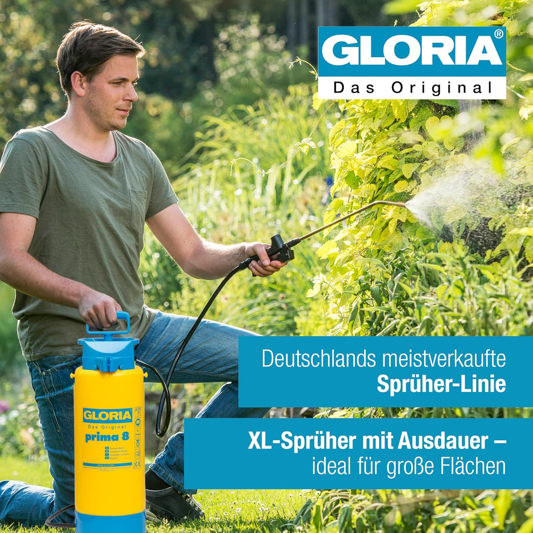 GLORIA Drucksprüher prima 8 | 8 L Gartenspritze, Unkrautspritze|Mit Messinglanze + verstellbare Mess