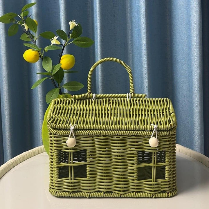 Garten Erntekorb - Niedliches Geflochtenes Deko-Häuschen Mit Henkel Und Deckel - Vintage Picknickkor