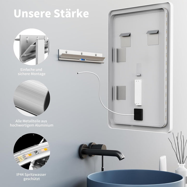 HOKO LED Badspiegel 50x70 cm / 70x50 cm Alaska mit Weisser Metall Rahmen, HOCH+QUER Montage. Touch S