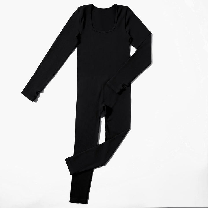 RXRXCOCO Gerippte Langarm Jumpsuits Damen Eng Square Neck Einteiler Bauchweg Sport Yoga Overall Romp