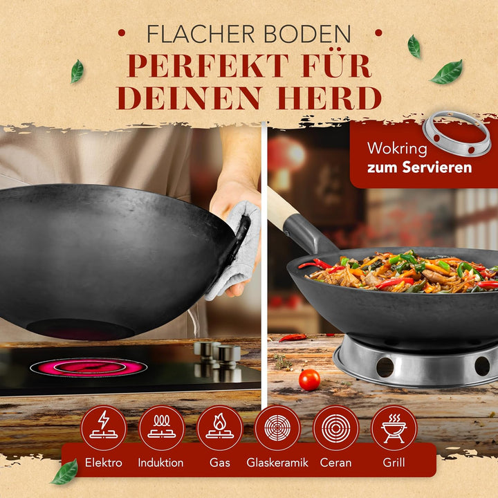 KRUSTENZAUBER 30cm Wokpfanne Induktion voreingebrannt - Traditionelle Stahlwokpfanne mit Wokwender u