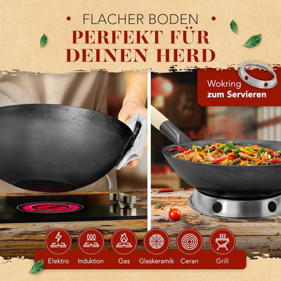 KRUSTENZAUBER 30cm Wokpfanne Induktion voreingebrannt - Traditionelle Stahlwokpfanne mit Wokwender u