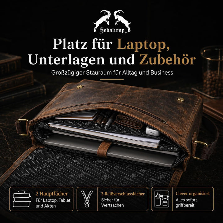 hodalump - Premium Echt-Leder Laptoptasche (bis 17 Zoll) als Umhängetasche - Notebooktasche für Dame