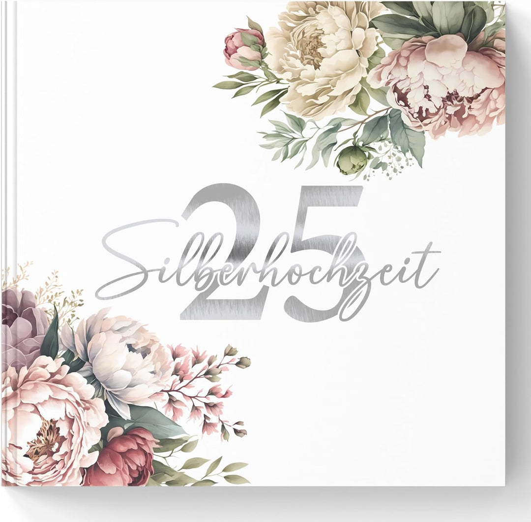 Gästebuch 25 Silberhochzeit deko Geschenk zum 25. Hochzeitstag für Eltern oder Freunde mit Silberprä