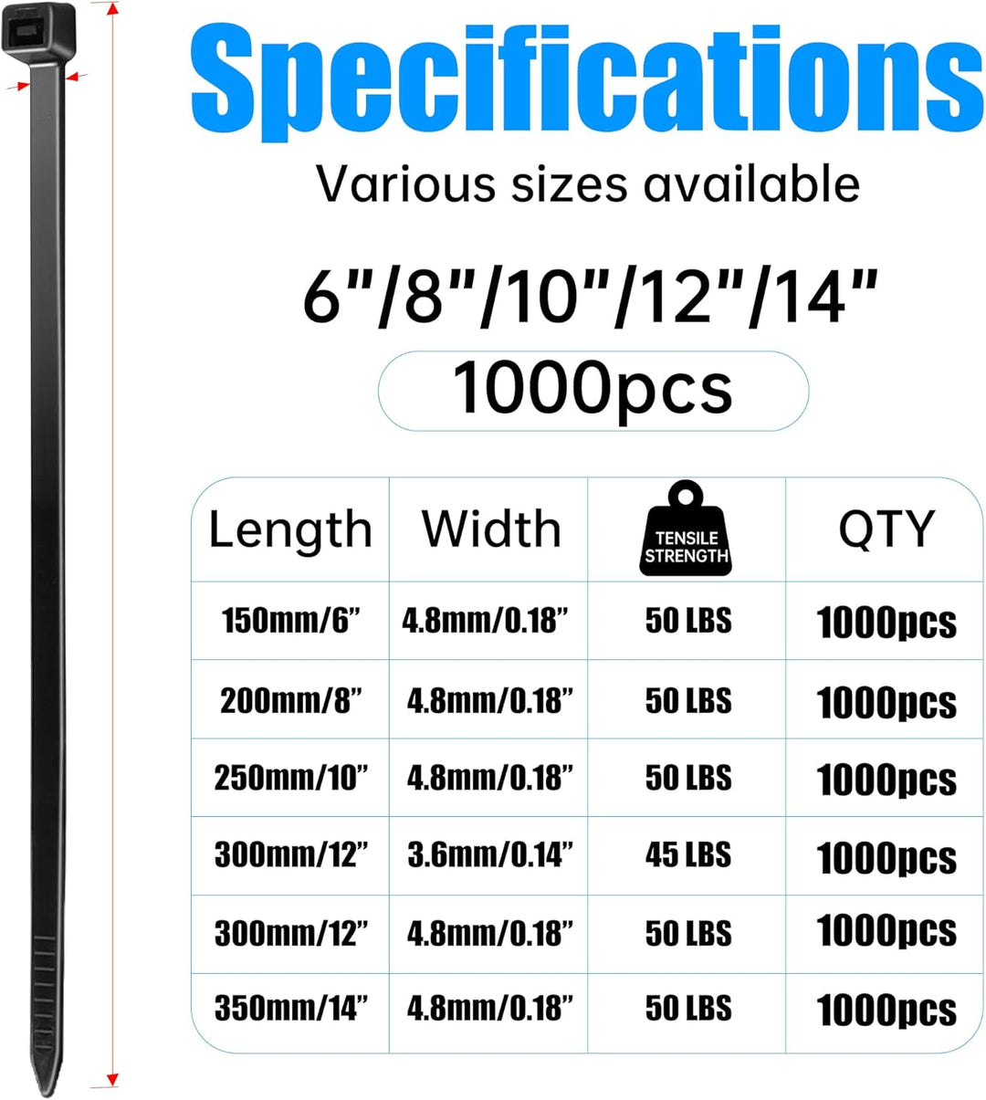 Kabelbinder-Set: 1000 Stück, 250 x 4,8 mm, Schwarz, UV-Beständig, 23 kg Zugfestigkeit - Ideal für Ka