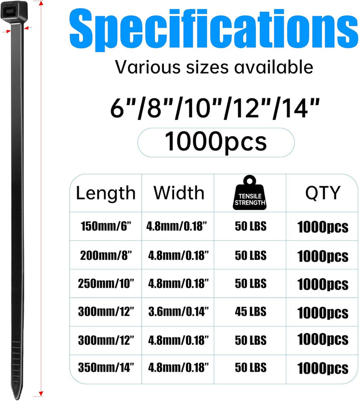 Kabelbinder-Set: 1000 Stück, 250 x 4,8 mm, Schwarz, UV-Beständig, 23 kg Zugfestigkeit - Ideal für Ka