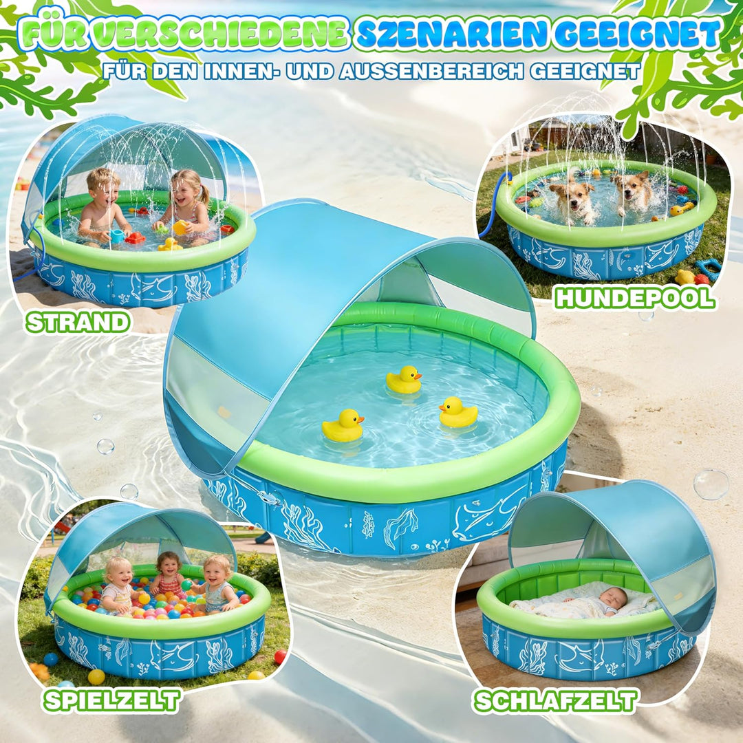 4-in-1 Pop Up Baby Planschbecken, Strandmuschel Baby mit Wasserstrahlen, Babypool Bällepool mit UV S