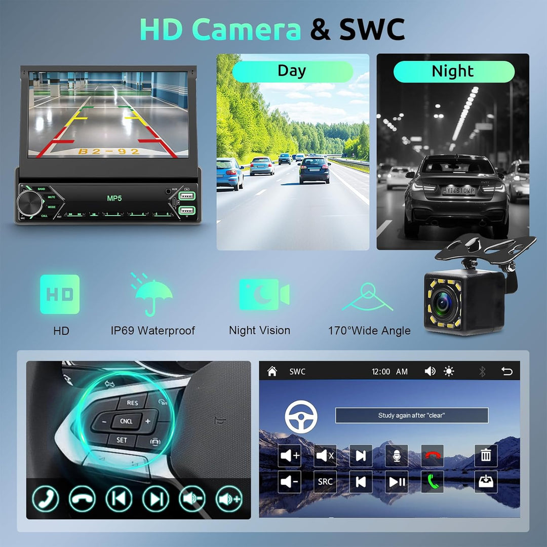 Autoradio 1 Din mit Drahtlos Carplay Android Auto, 7 Zoll IPS HD Manueller Flip Touchscreen Autoradi