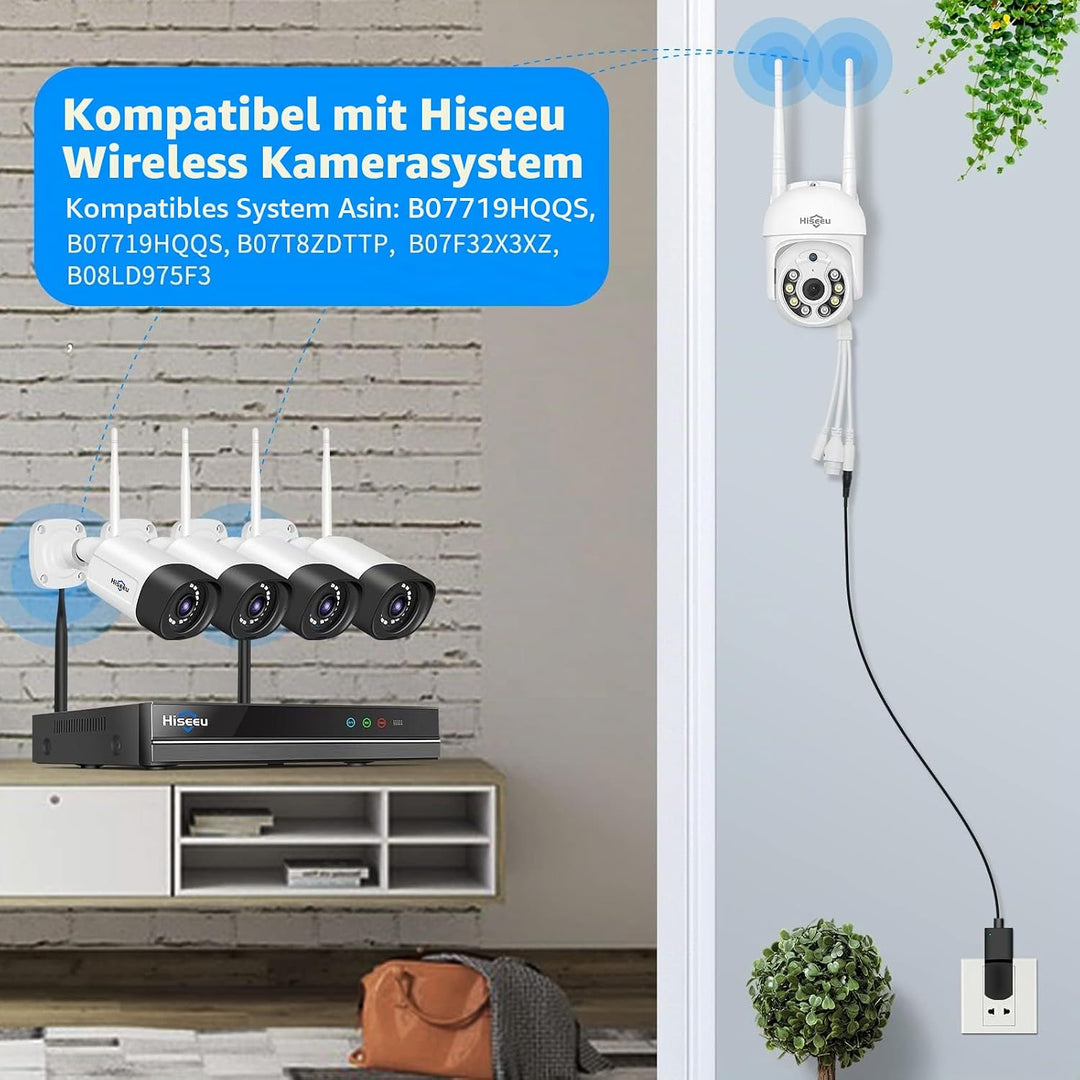 Hiseeu 5 MP Überwachungskamera Aussen-WLAN mit automatischer Verfolgung, 350°/90° schwenkbar, Farbna