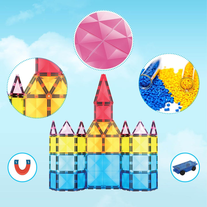 PicassoTiles Magnetische Bausteine in Diamantform, 63 Stück – Fliesenblöcke mit Auto und LKW – Set d