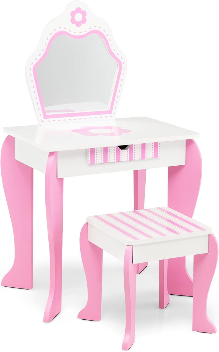 GOPLUS Kinder Schminktisch Set, Make up Schminktisch mit Hocker Spiegel, 2 in 1 Frisiertisch mit Sch