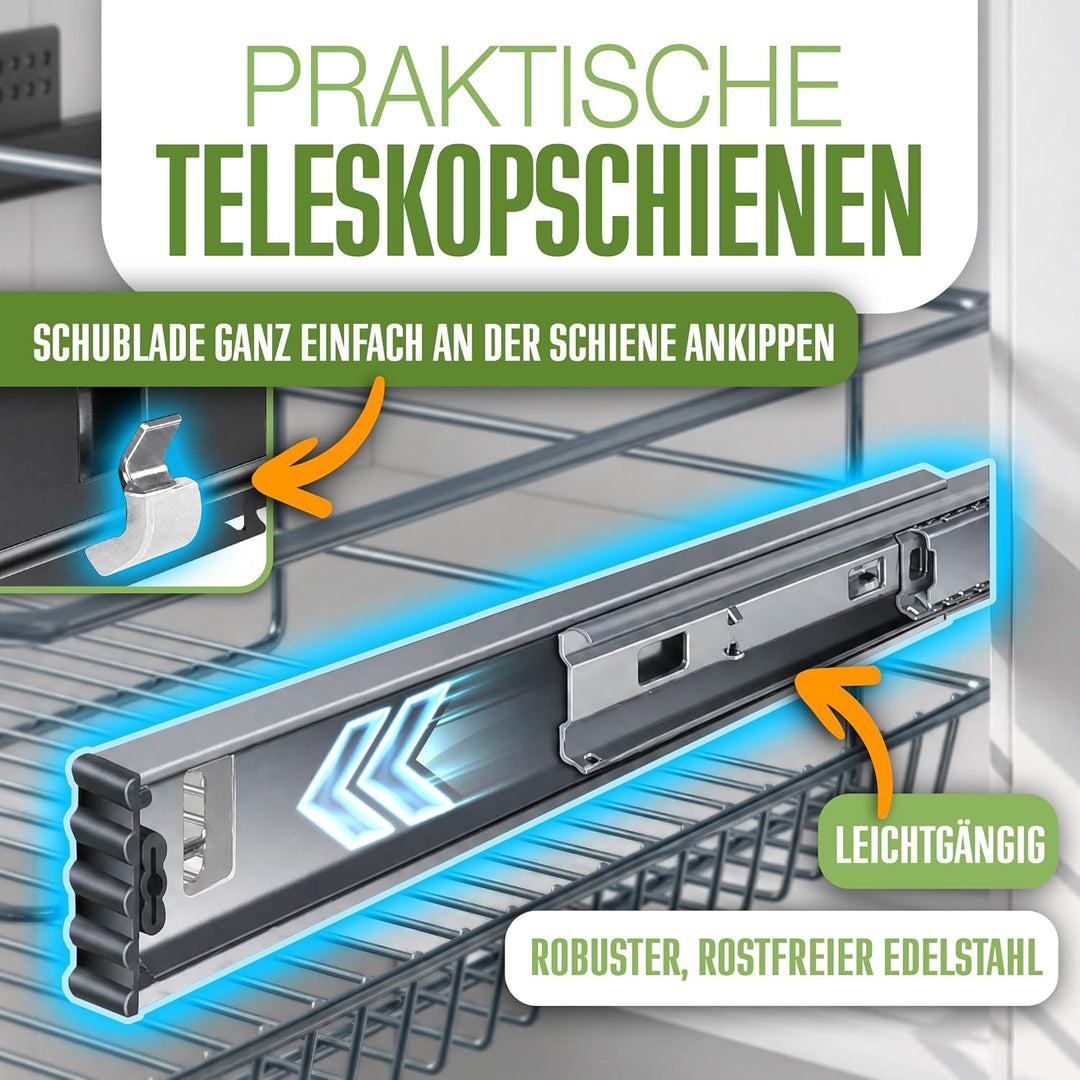 KESSER® Teleskopschublade 60cm Schrankbreite verchromt aus Edelstahl Schubladeneinsatz für Küchensch