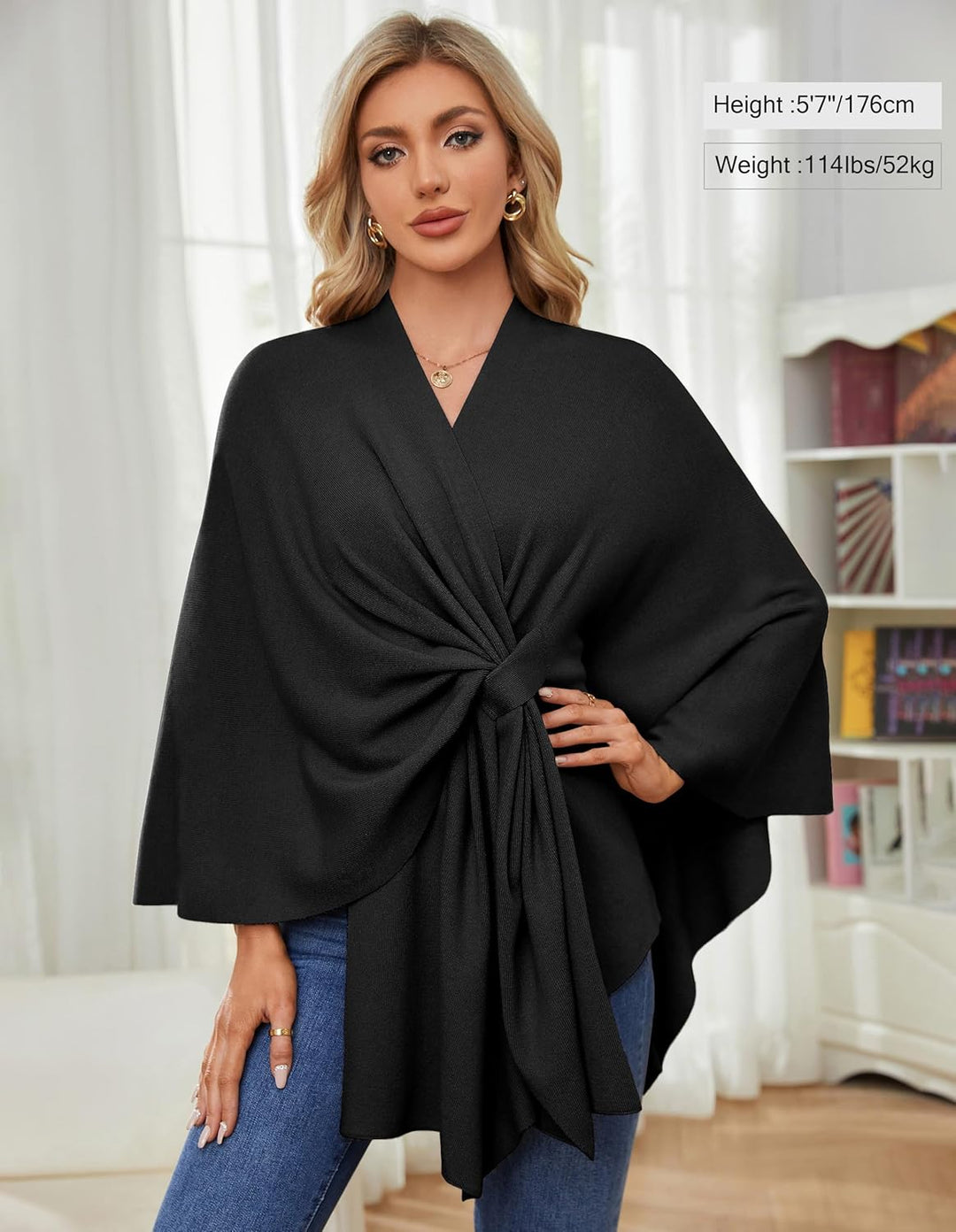 PULI Damen Elegant Poncho Strick Ponchos Capes Vorne öffnen Vielseitige Schalwickel mit Lasche Schwa