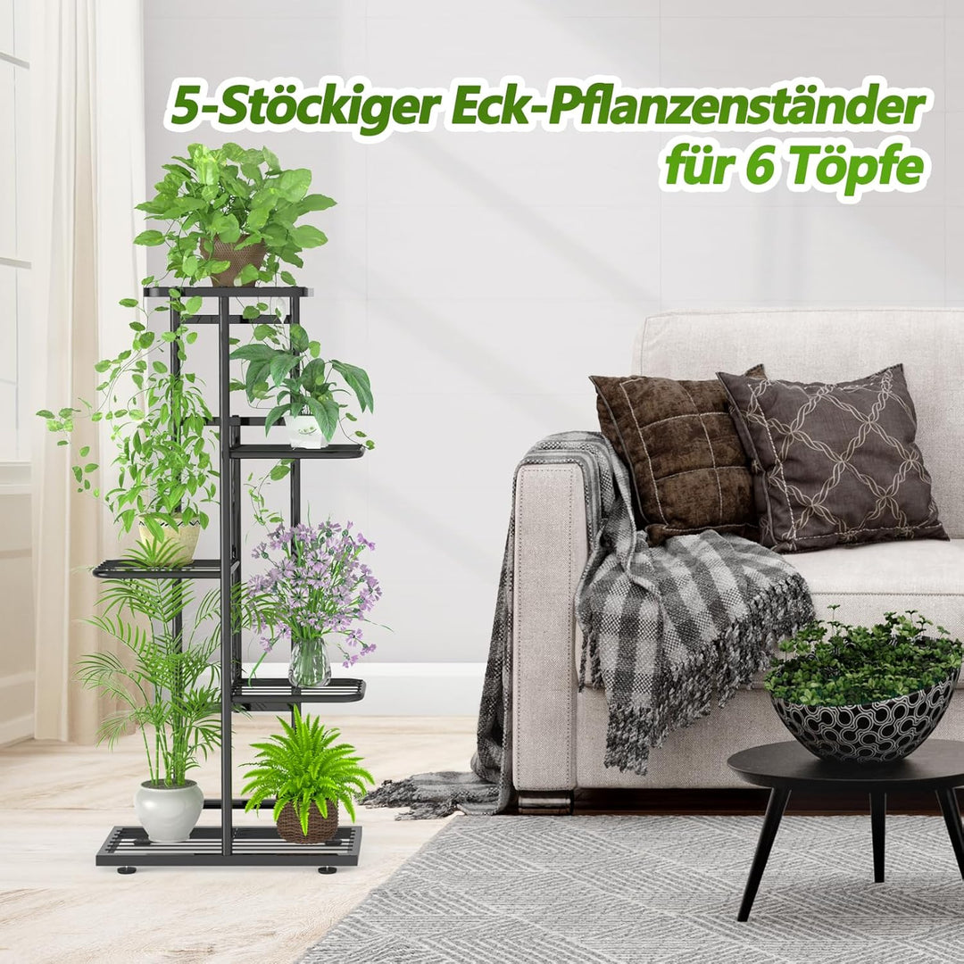 MAIJIAJU 5 Etagen Blumenständer Metall Schwarz mit Gartengeräte und Handschuhe, 95cm Ecke Blumenrega