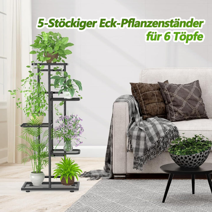 MAIJIAJU 5 Etagen Blumenständer Metall Schwarz mit Gartengeräte und Handschuhe, 95cm Ecke Blumenrega