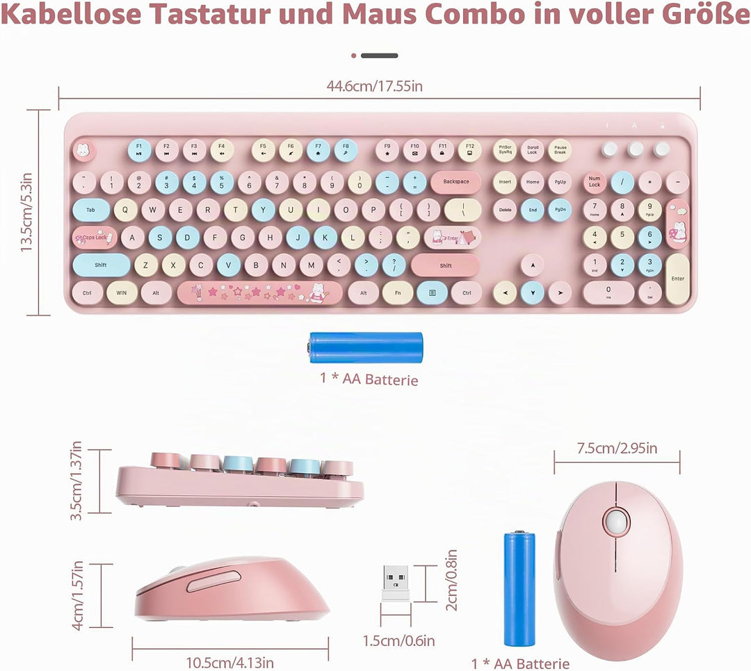 SOLIDEE kabellose Tastatur- und Maus-Kombination,Retro-Schreibmaschinen-Tastatur,2.4GHz runde Tasten