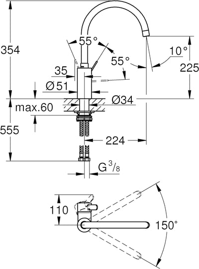 GROHE Eurosmart Cosmopolitan - Einhand-Spültischbatterie (wassersparend, 5,7 l/min, Schwenkbereich w