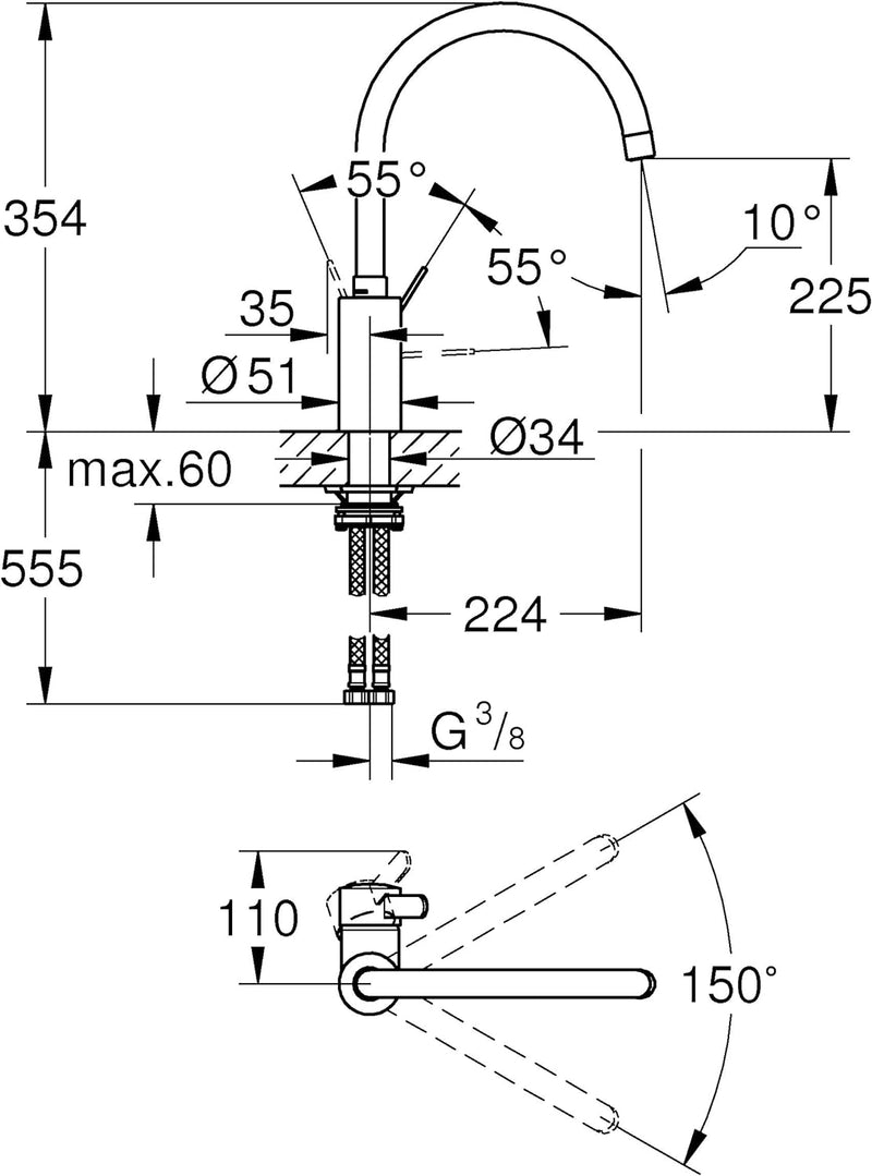 GROHE Eurosmart Cosmopolitan - Einhand-Spültischbatterie (wassersparend, 5,7 l/min, Schwenkbereich w