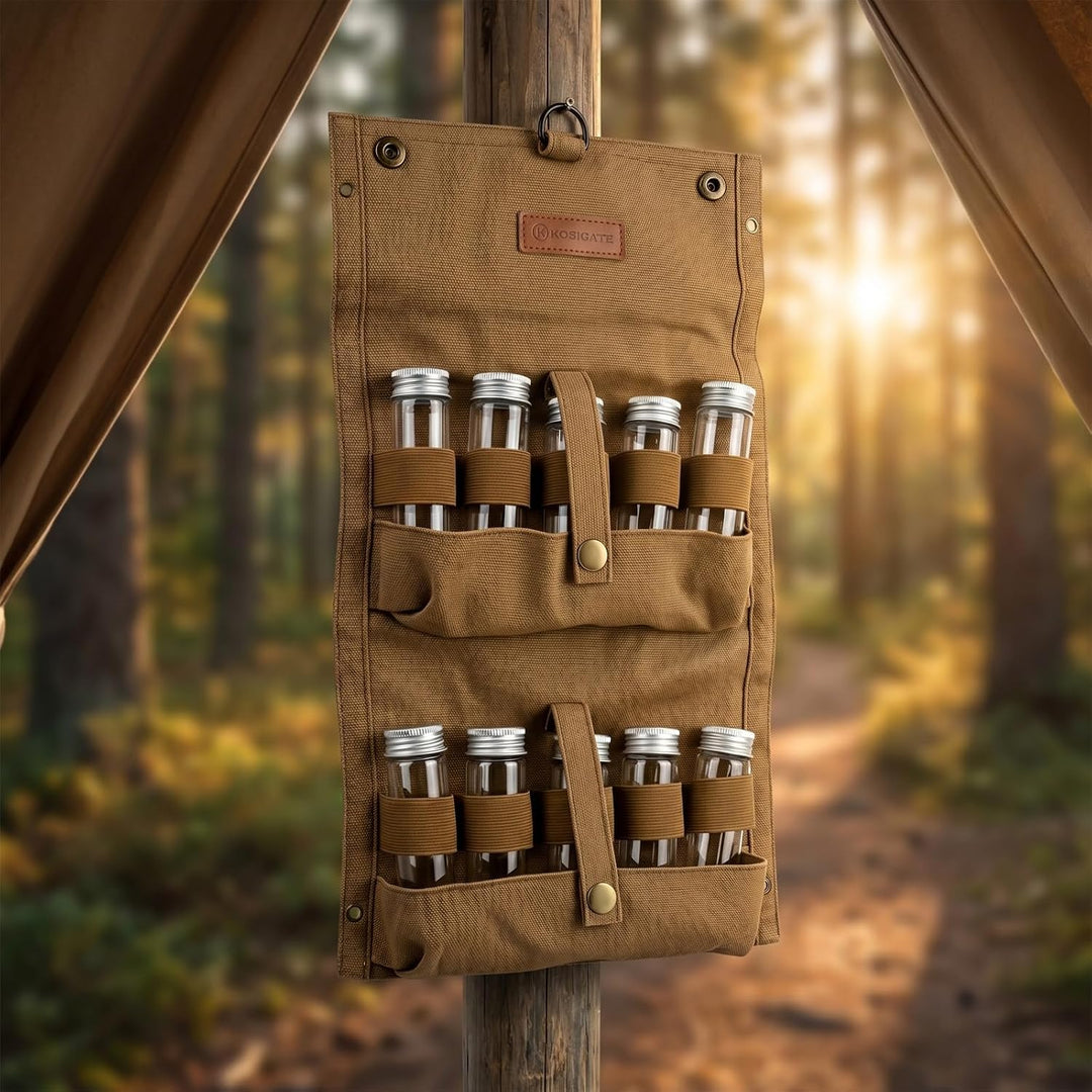 Tragbare Gewürztasche aus Segeltuch mit 10 Glasflaschen Camping Gewürzset für Outdoor BBQ, Picknick,
