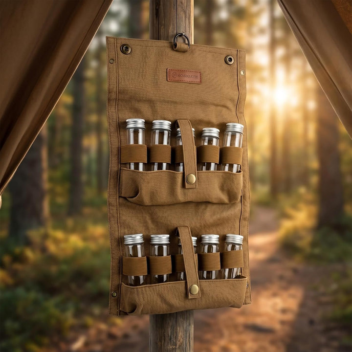 Tragbare Gewürztasche aus Segeltuch mit 10 Glasflaschen Camping Gewürzset für Outdoor BBQ, Picknick,