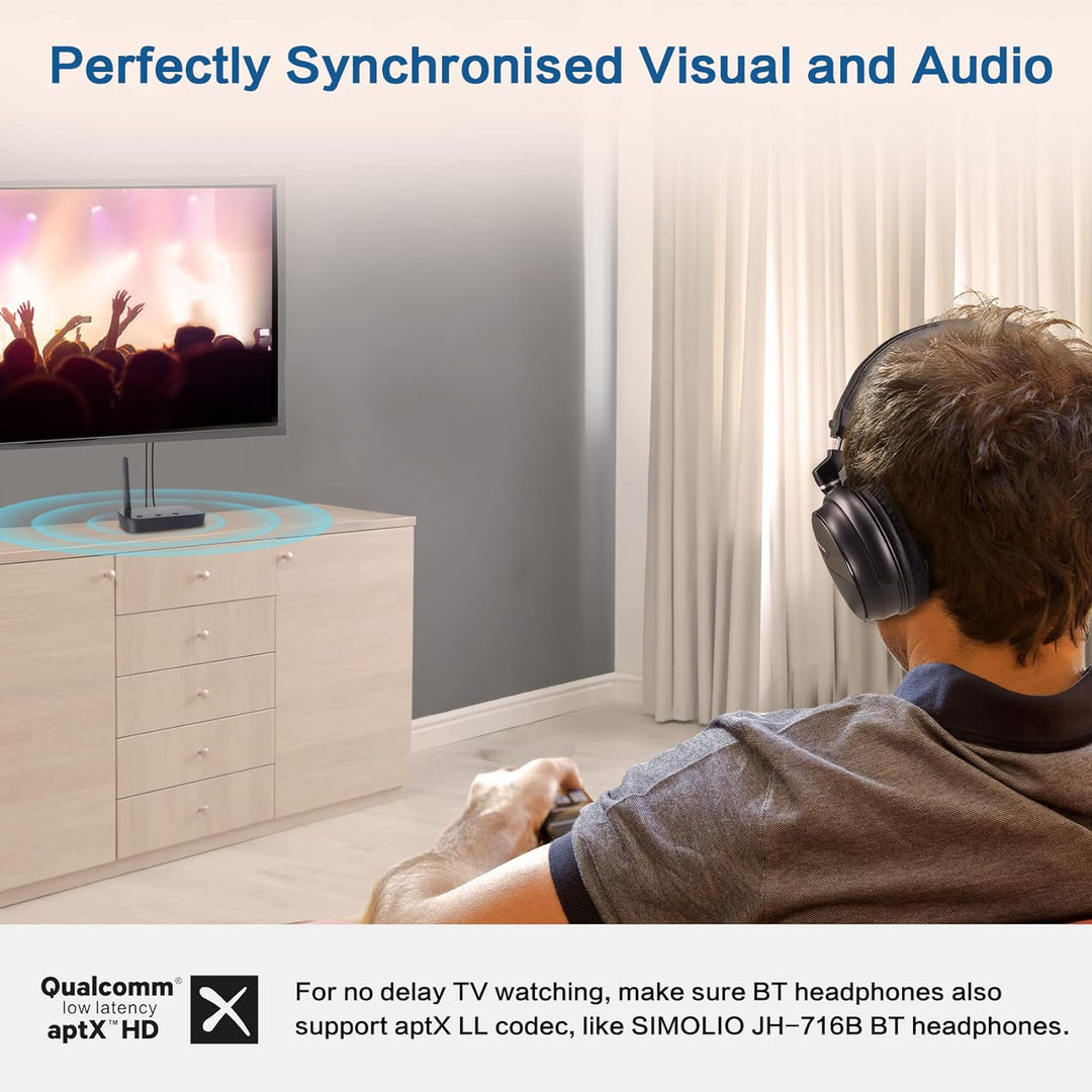 SIMOLIO JH201D Bluetooth Transmitter für TV, aptX Low Latency Bluetooth Sender Adapter für 2 BT Kopf