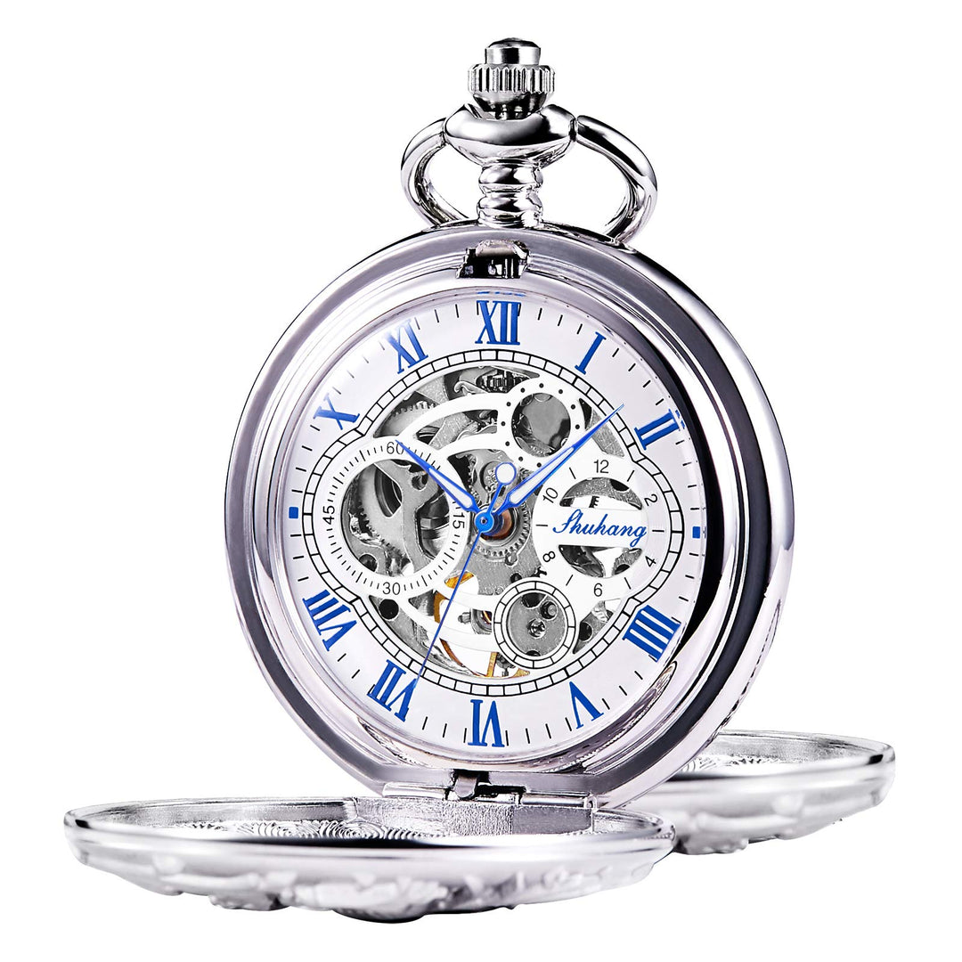 TREEWETO Unisex Taschenuhr mit Kette Analog Handaufzug Doppelscharnier Antik Drache Skelett Bronze 6