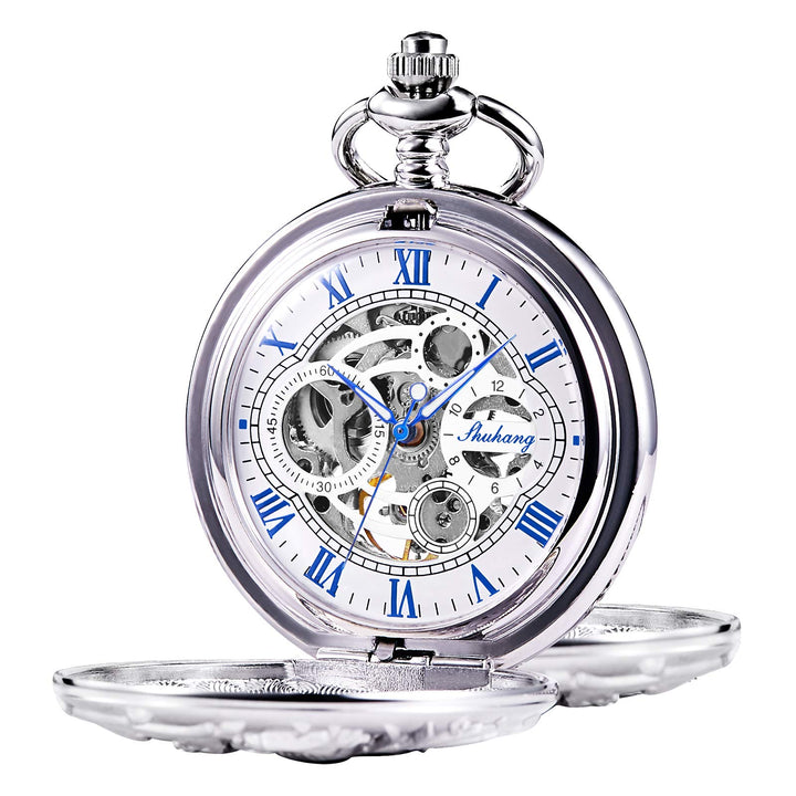 TREEWETO Unisex Taschenuhr mit Kette Analog Handaufzug Doppelscharnier Antik Drache Skelett Bronze 6