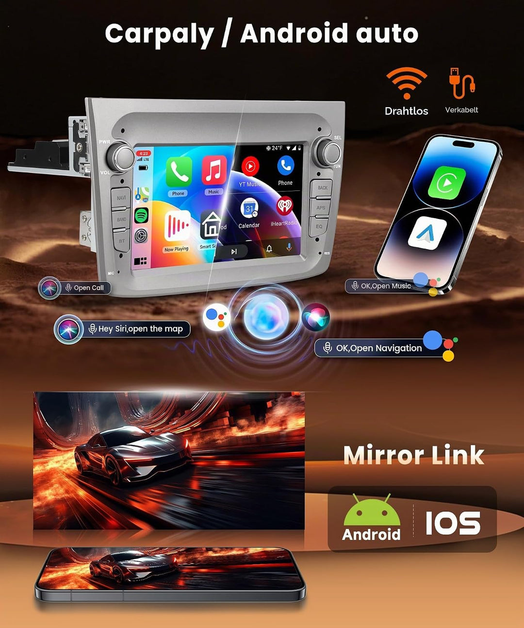 8 Kern 4G+64G Autoradio Android 15 für Alfa Romeo MITO 2008-2016, 7 Zoll HD IPS Touchscreen Auto Rad