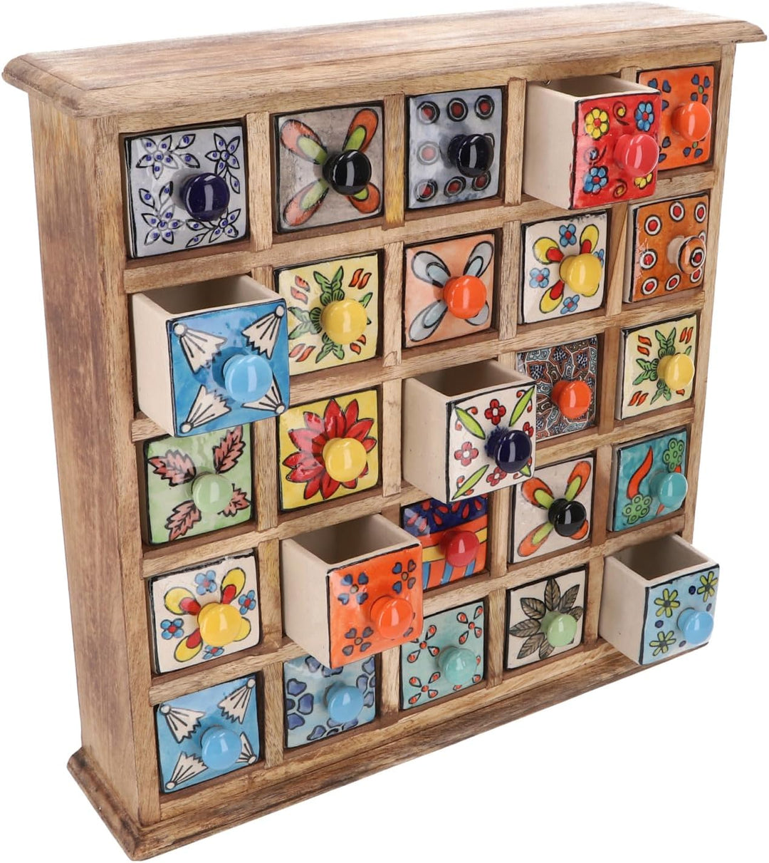 GURU SHOP Apothekerschränkchen mit Bunten Keramik Schubfächern - 5x5 Fächer, Braun, 40x38x10 cm, Dos