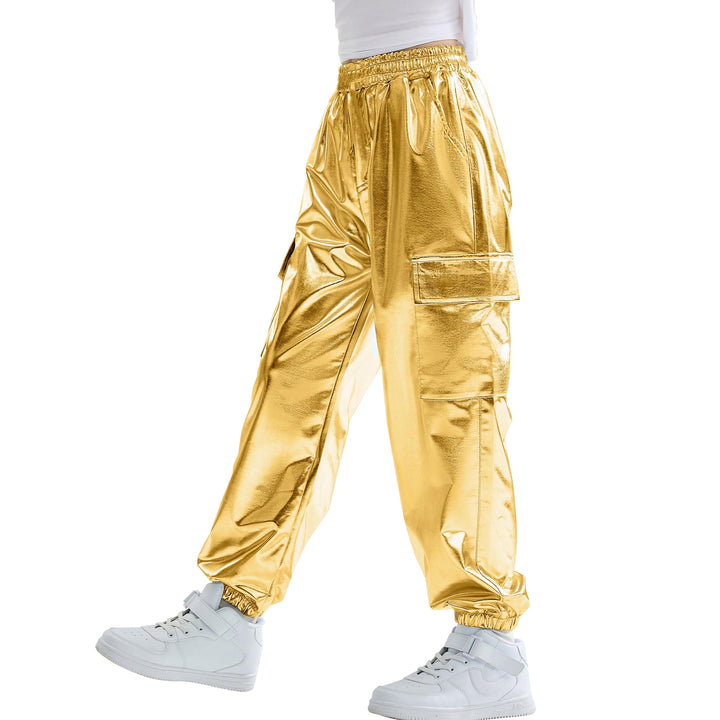 Rolanko Cargo Hosen für Mädchen, Metallische Tanz Hip Hop Hosen für Kinder Mit Elastischem Bund, Ret