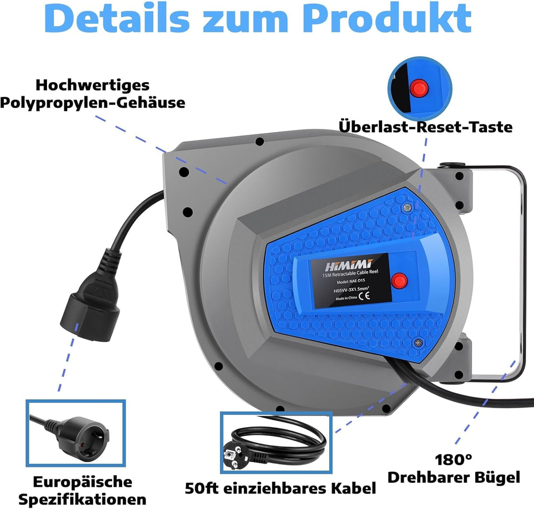 Himimi Automatik Kabeltrommel | 180° Wand Und Decke Montierte Einziehbare Stromtrommel | Geeignet fü