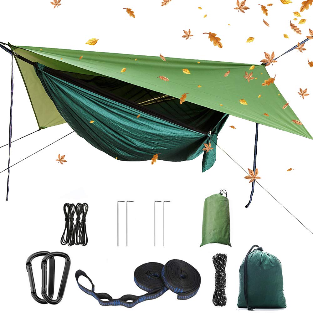 Camping Hängematten Set, Einzel Doppel Hängematte, Moskitonetz, Insektennetz, Regenfliege, hochfeste