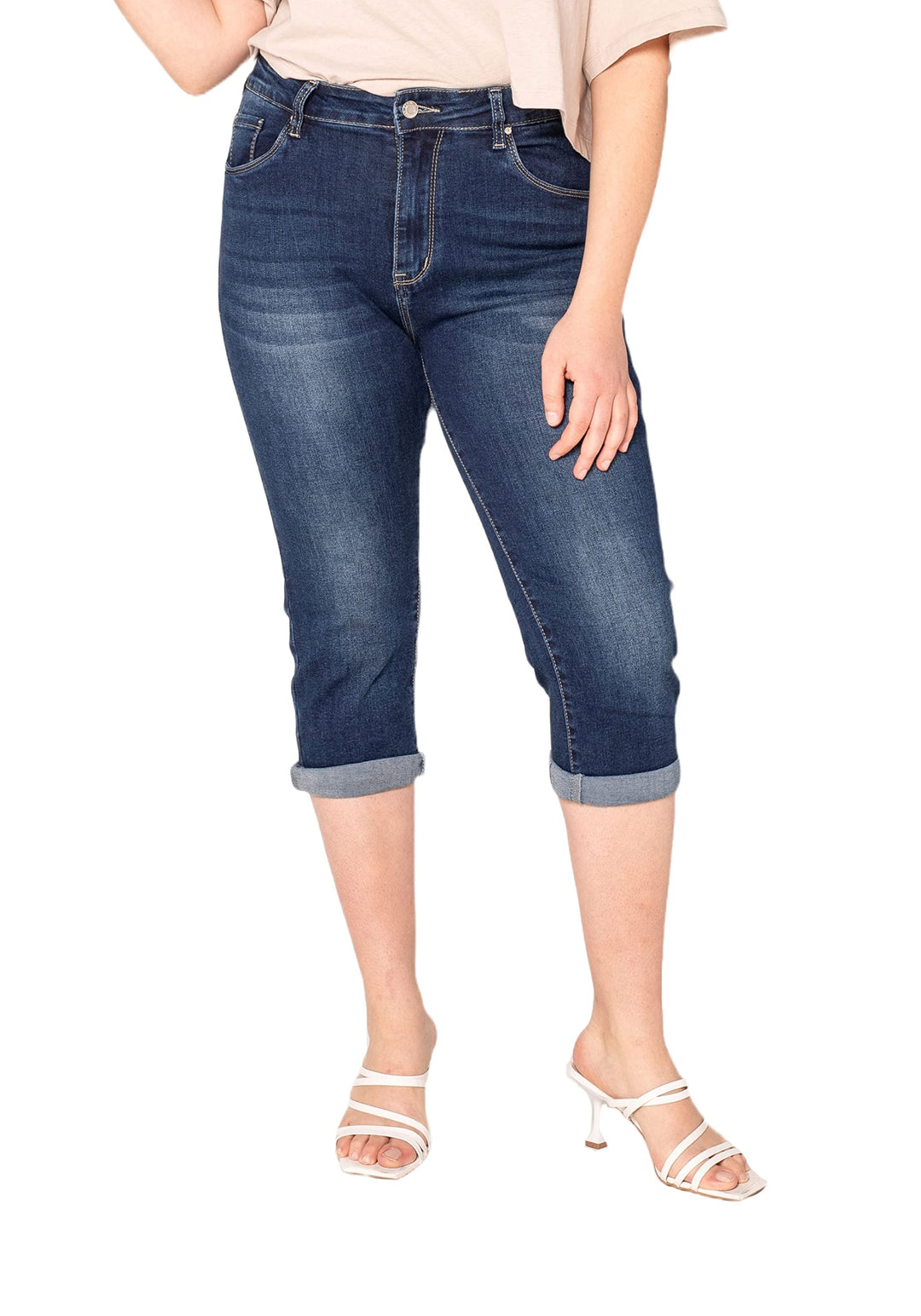 Nina Carter P200 Damen Capri Jeanshosen Grosse Grössen HIGH Waist Jeans Sommer Hose Used-Look 44 Gro