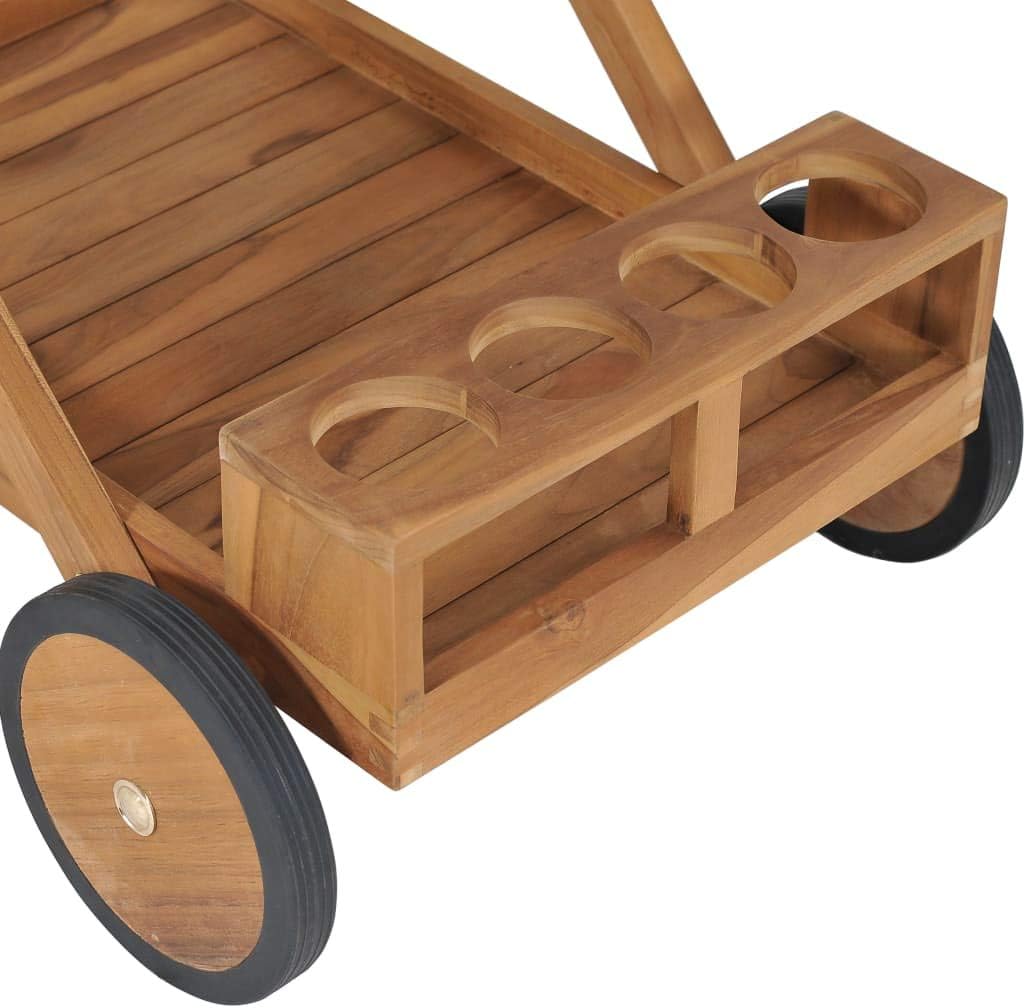 Teewagen Massivholz Teak mit Ablageflächen und Flaschenhalter, kompakter Servierwagen aus robustem T