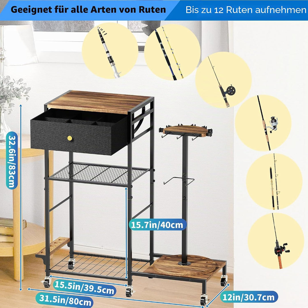 360 ° drehbare Angelrutenhalter für Garage, Angelrutenhalter, Wagen für bis zu 12 Ruten, Stangenaufb