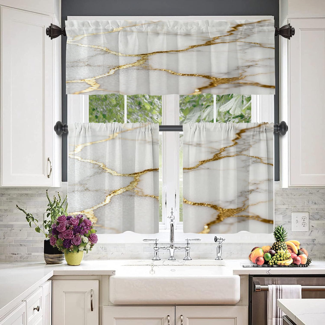 Delicate White Marble Kitchen Valances for Windows,Marble with White Golden Texture Blackout Valance