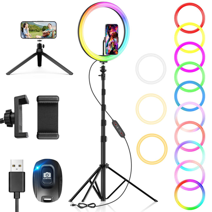 PEYOU 12"/186 cm Selfie Ringlicht mit Stativ Handy,【3-in-1】 Ring Light mit（Tischstativ） 48 RGB-Modi,