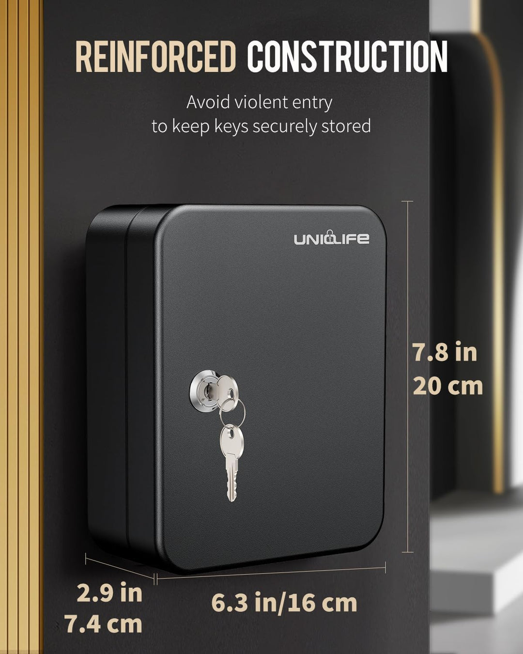 Uniclife Schlüsselschrank mit 20 Positionen, mit Schlüsselschloss, Wandmontage, schwarz, Sicherheits