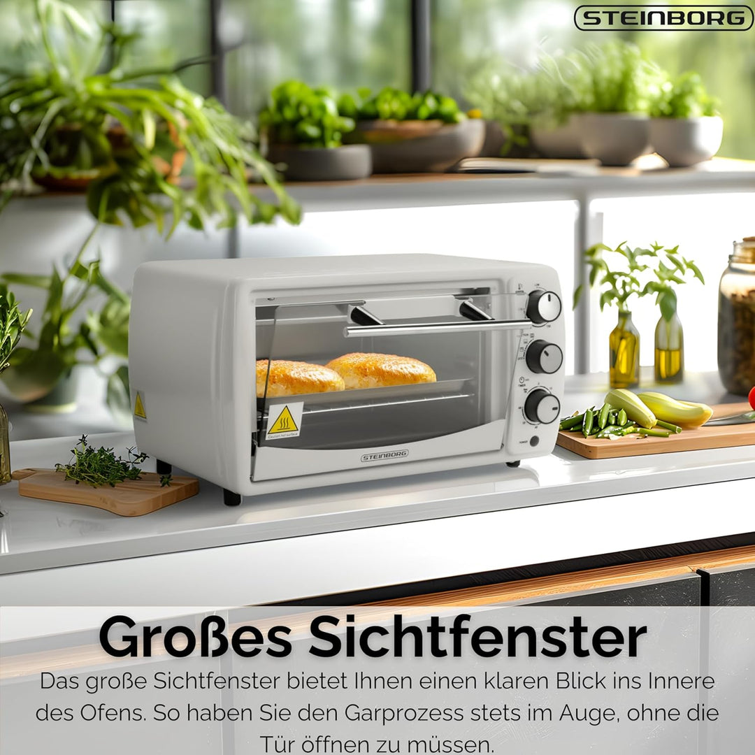 Mini Backofen 13 Liter | 1200 Watt | Pizzaofen | 65°-230°C | Timer | aufklappbares Krümelblech | Min
