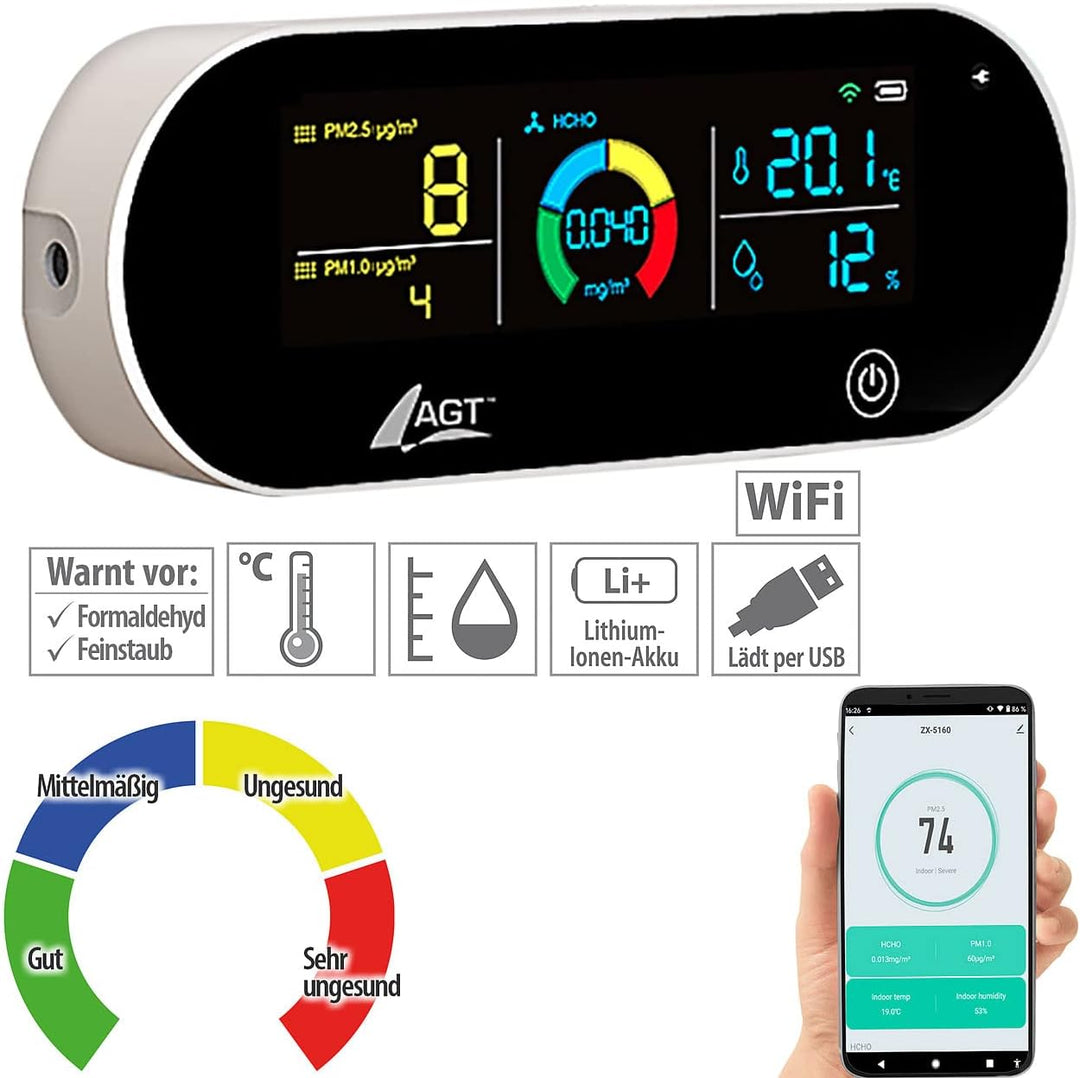 AGT Raumluftmessgerät: 5in1-Akku-Luftqualitätsmesser, HCHO, PM1/2,5, Temperatur u.v.m., App (Partike