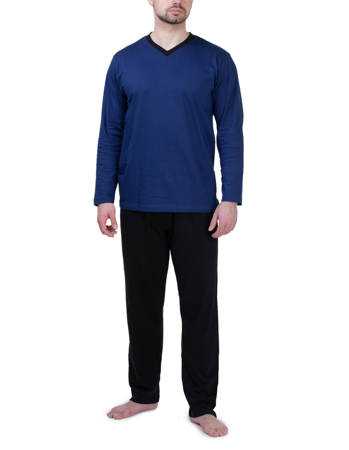 Moonline - Herren Schlafanzug lang aus 100% Baumwolle mit V-Ausschnitt und Streifen-Design M Blau, M