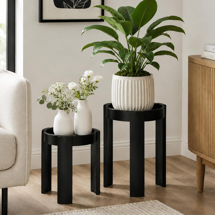 Hometopia 2er Holz Beistelltisch Schwarz mit Tablett, Couchtisch Rund | Runde Satztische aus MDF,Nes