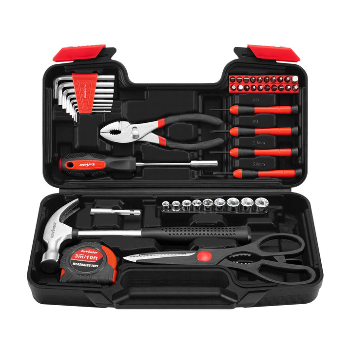 Enventor 48-Tlg Kleiner Werkzeugkoffer, Rotes Mini-Werkzeugset mit Hammer und Schraubendreher-Set, i