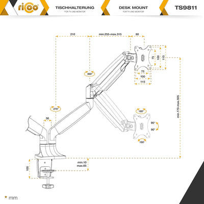 RICOO Monitor Halterung Tisch Gasdruckfeder für 15-27 Zoll, VESA Tischhalterung, Monitorarm TS9811,