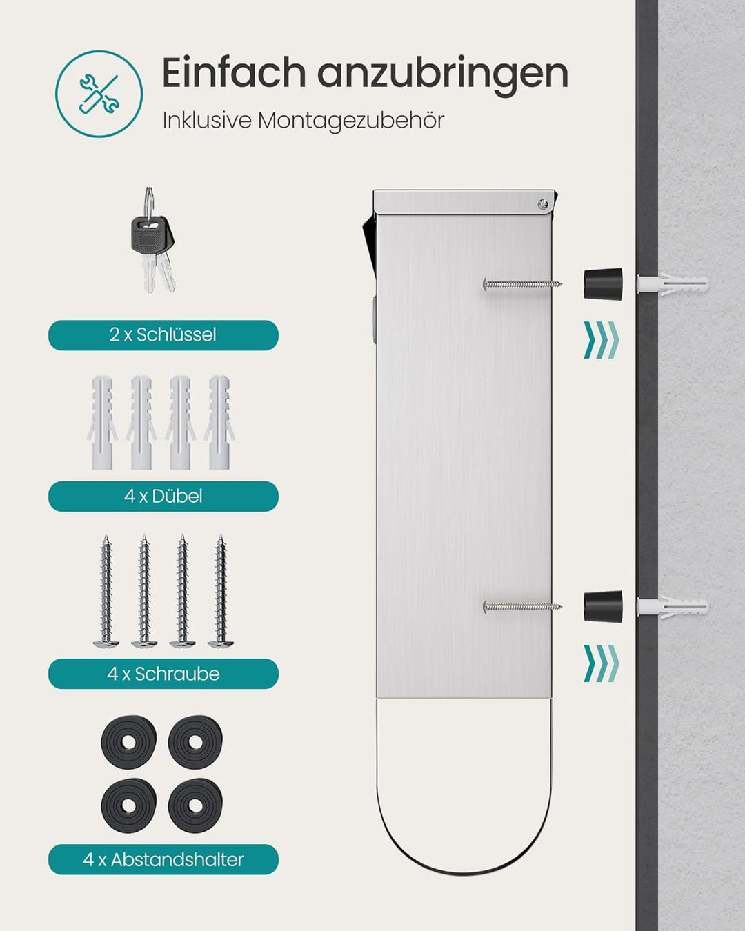 SONGMICS XXL Briefkasten, Edelstahl mit Zeitungsfach, Schloss mit Kupfer-Schliesszylinder und drehba